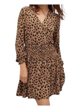 MANGO Animal Print Mini Dress, Long Sleeve, Wrap Bodice, Ruched Waist, Size 4.